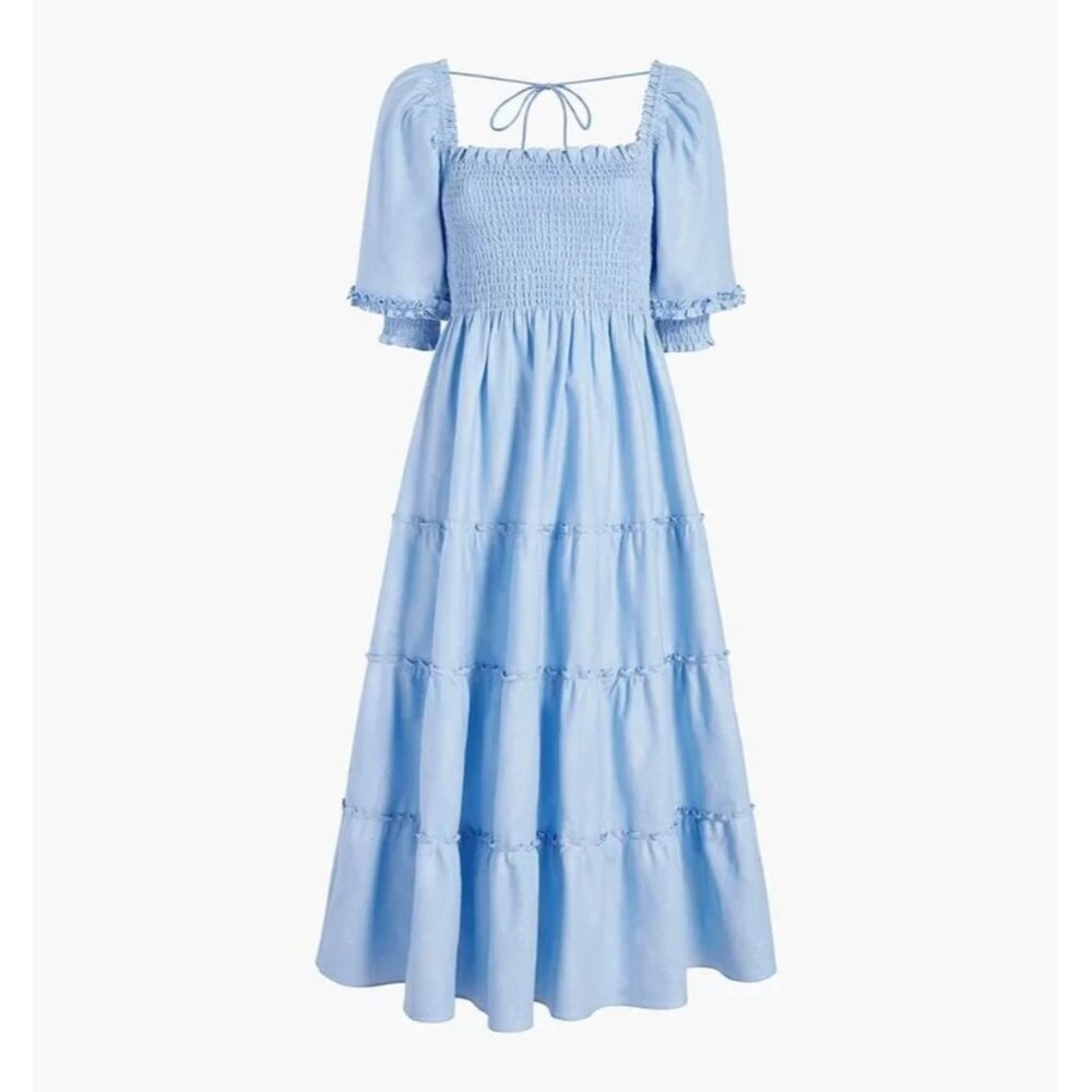 NWT Hill House Nesli Nap Dress in Light Blue Glitter Check Smocked Midi S